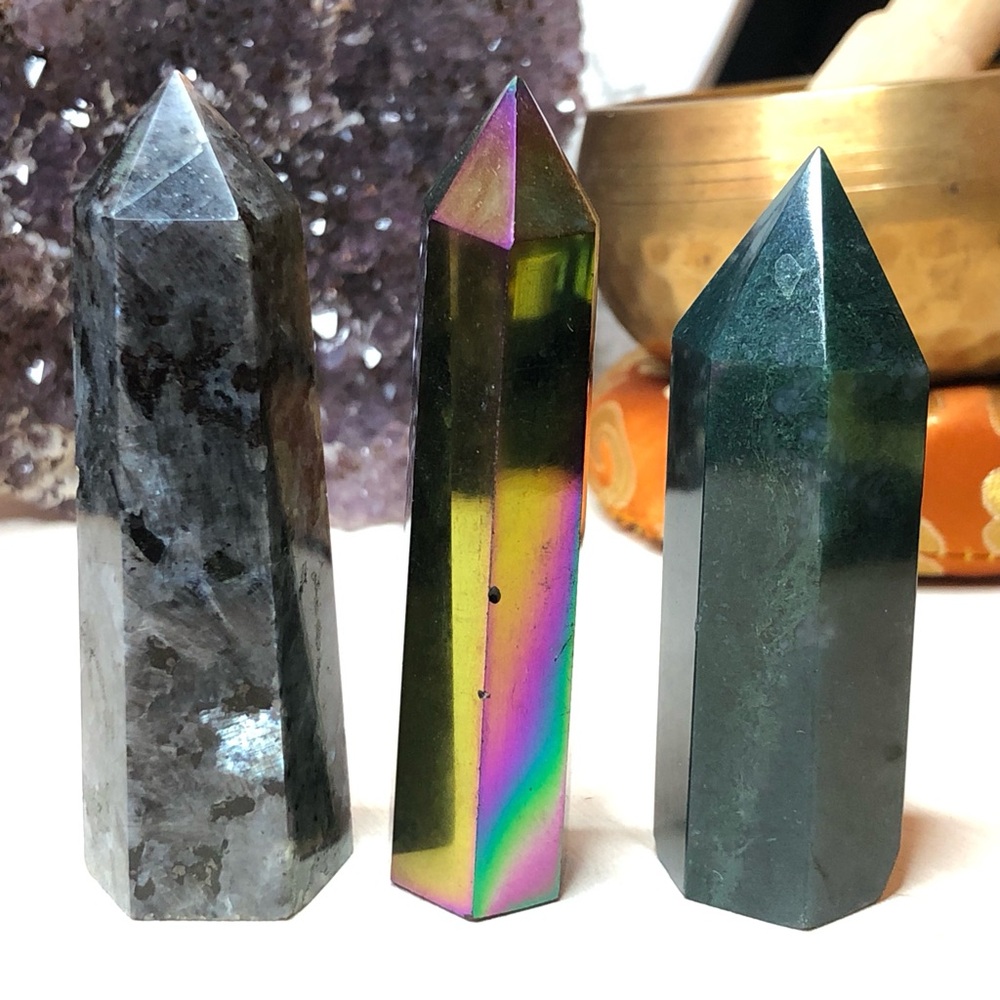 Larvikite, Titanium Aura Quartz, Moss Agate Towers